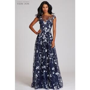 Teri Jon by Rickie Freeman Embroidered Lace Illusion Gown Dress Navy Silver US 8